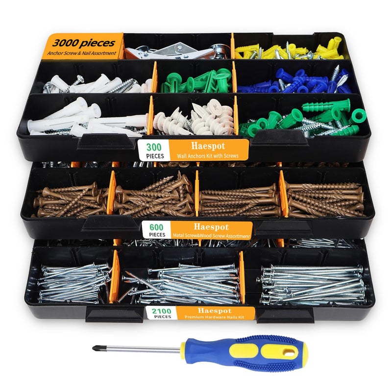 Haespot 3000-Piece Hardware Kit with Anchors, Tapping Screws, Deck Screws&Nails–DIY-Friendly,3-Tier Storage for Home Projects - Image 1